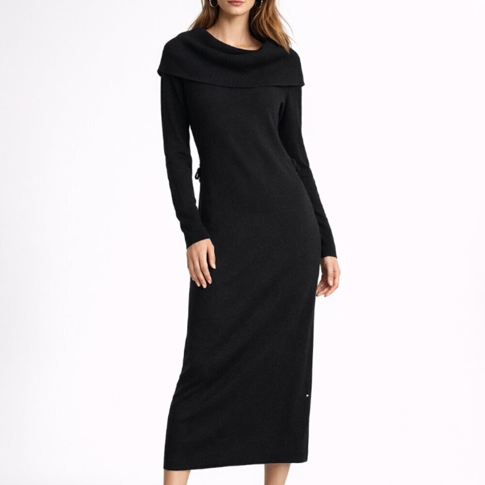 SAKS FIFTH AVENUE BLACK 100% Cashmere On or Off Shoulder Midi Sweater Dress M